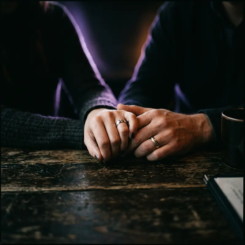 Two hands clasped on a wooden table, a wedding ring catching the light.