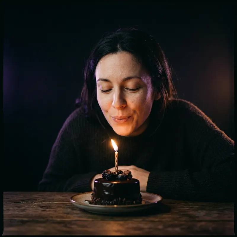 A woman with her eyes closed, leaning over a cake with one lit candle.