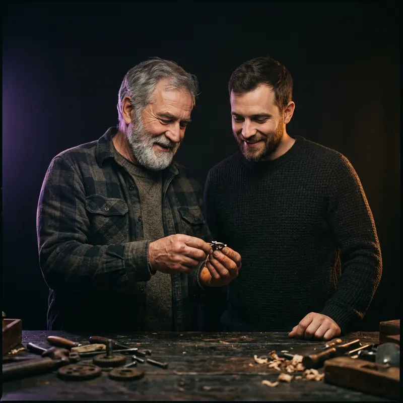 A father and son smiling together over a small object in his hands, tools scattered across the workbench.