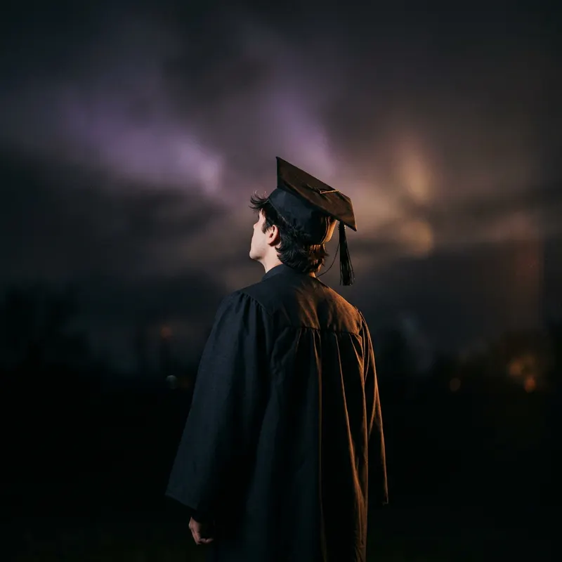 A graduate in cap and gown, seen from behind, under a wide evening sky.