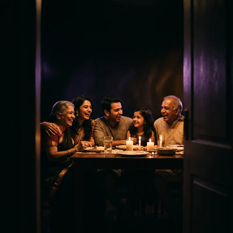 A family laughing around a table lit by candles.
