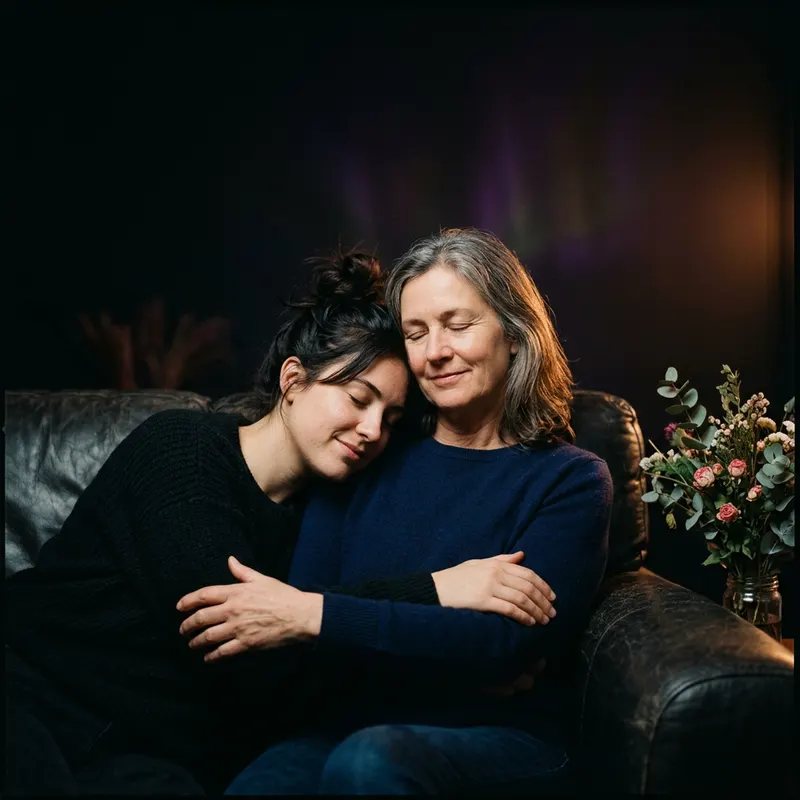 A young woman with her eyes closed, resting her head on her smiling mother's shoulder on a couch.