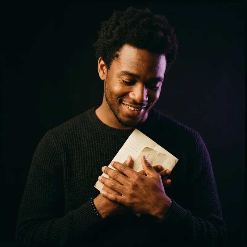 A man smiling as he holds a letter to his chest.