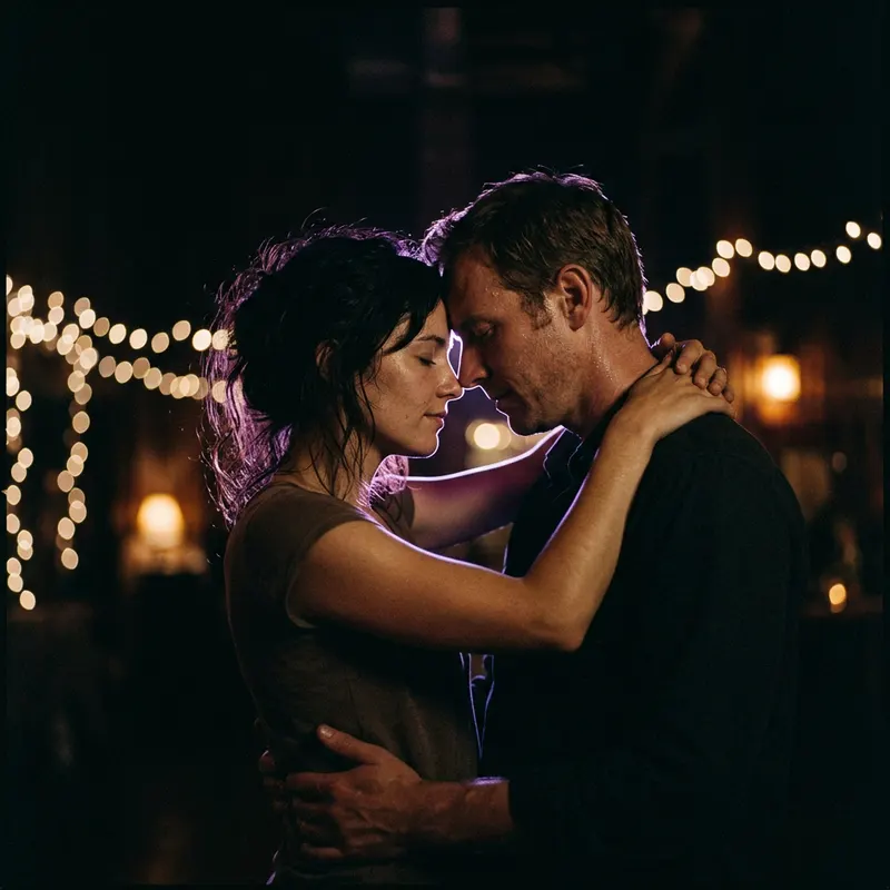 A couple holding each other close under a string of lights.
