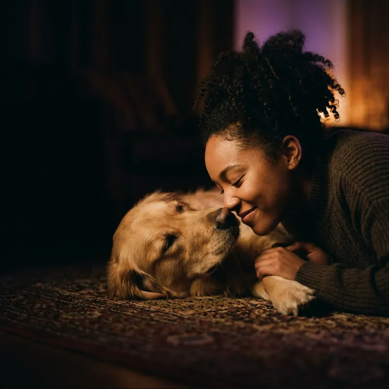 A smiling woman with her eyes closed, lying on a rug nose to nose with her golden retriever.